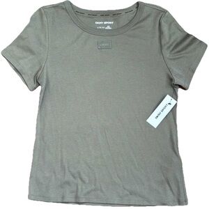 DKNY Sport Olive Army Green Top Tee Shirt Logo Patch Cap Sleeves Women’s NEW